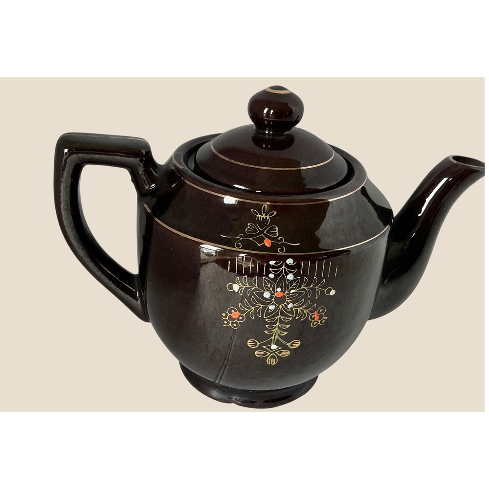Vintage Japan Ceramic Teapot Brown Floral Gold Trim Mid Century Tea Pot